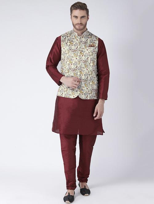 maroon dupion kurta pyjama set with nehru jacket - 15384267 - Standard Image - 1