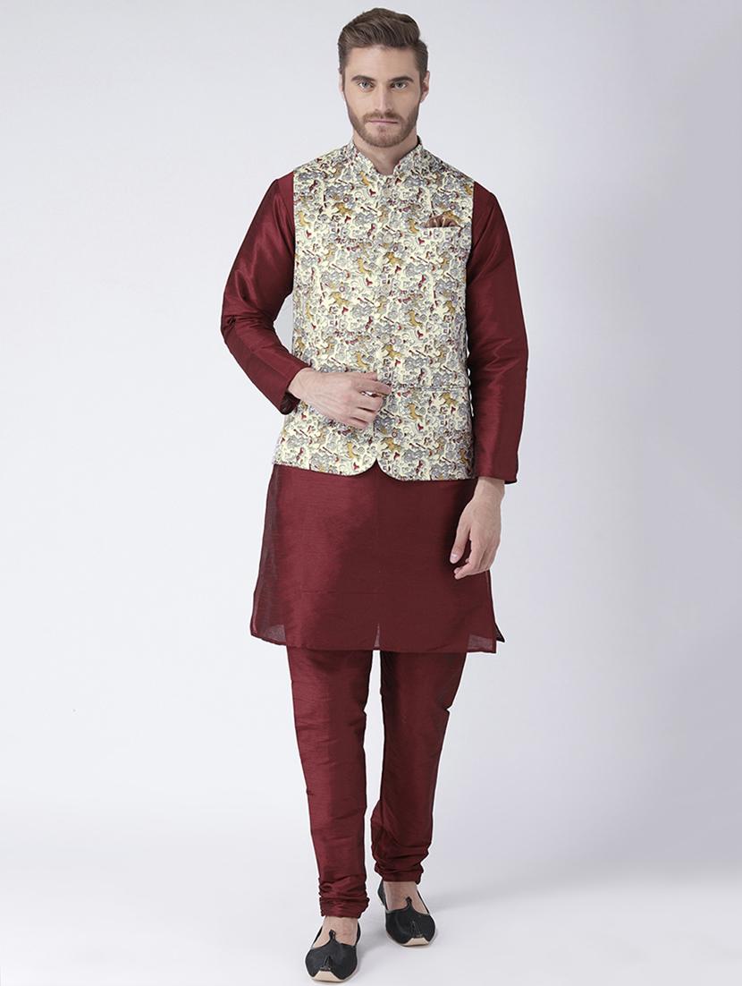 maroon dupion kurta pyjama set with nehru jacket - 15384267 - Zoom Image - 1