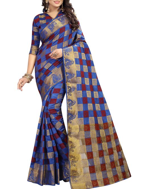contrast checkered woven saree with blouse - 15386896 - Very Small Image - 1