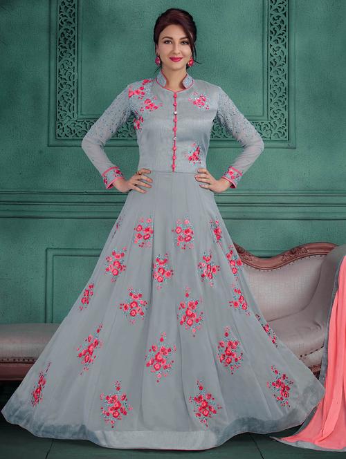 Embroidered semi-stitched anarkali suit - 15388360 - Standard Image - 1