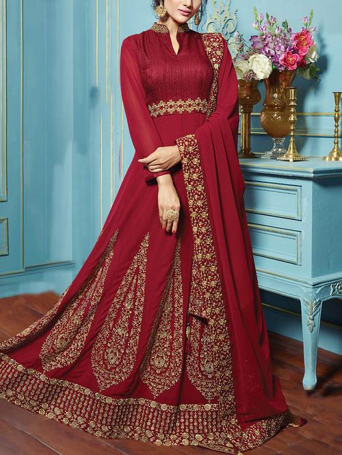 Embroidered semi-stitched anarkali suit - 15388379 - Standard Image - 1