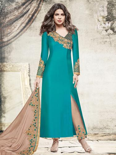 Embroidered semi-stitched straight pant suit - 15388486 - Very Small Image - 1