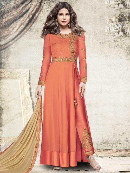 Embroidered semi-stitched straight pant suit - 15388487 - Standard Image - 1