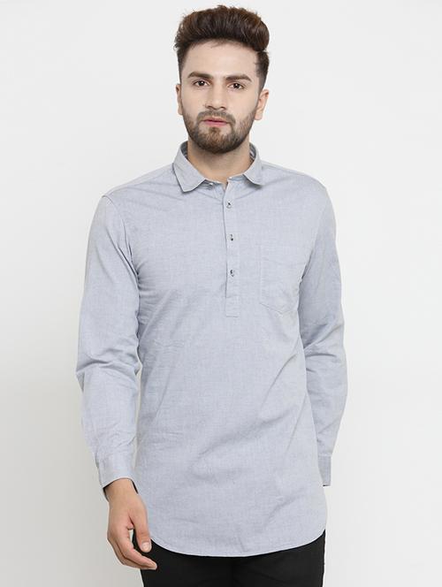grey cotton short kurta - 15389875 - Standard Image - 1