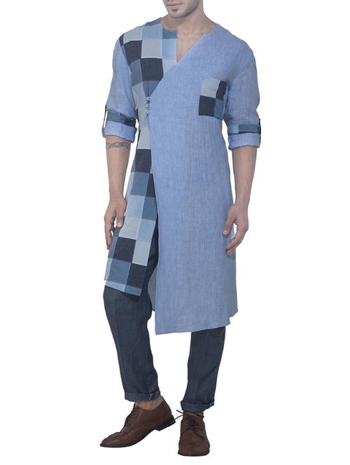 blue linen asymmetric kurta pyjama set - 15398328 - Standard Image - 1