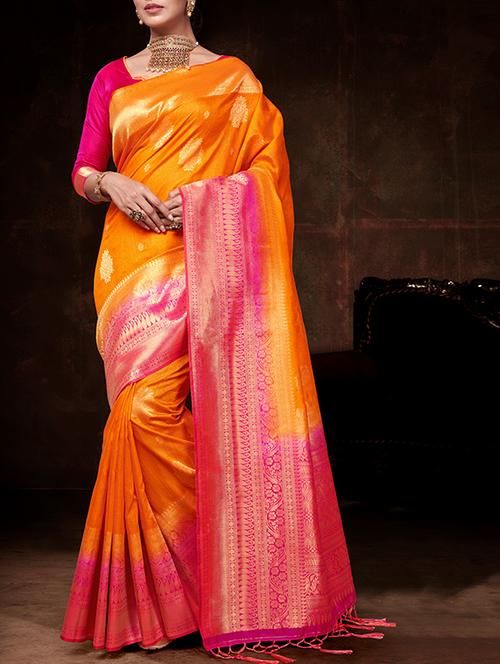 contrast bordered kanjivaram saree with blouse - 15398963 - Standard Image - 1