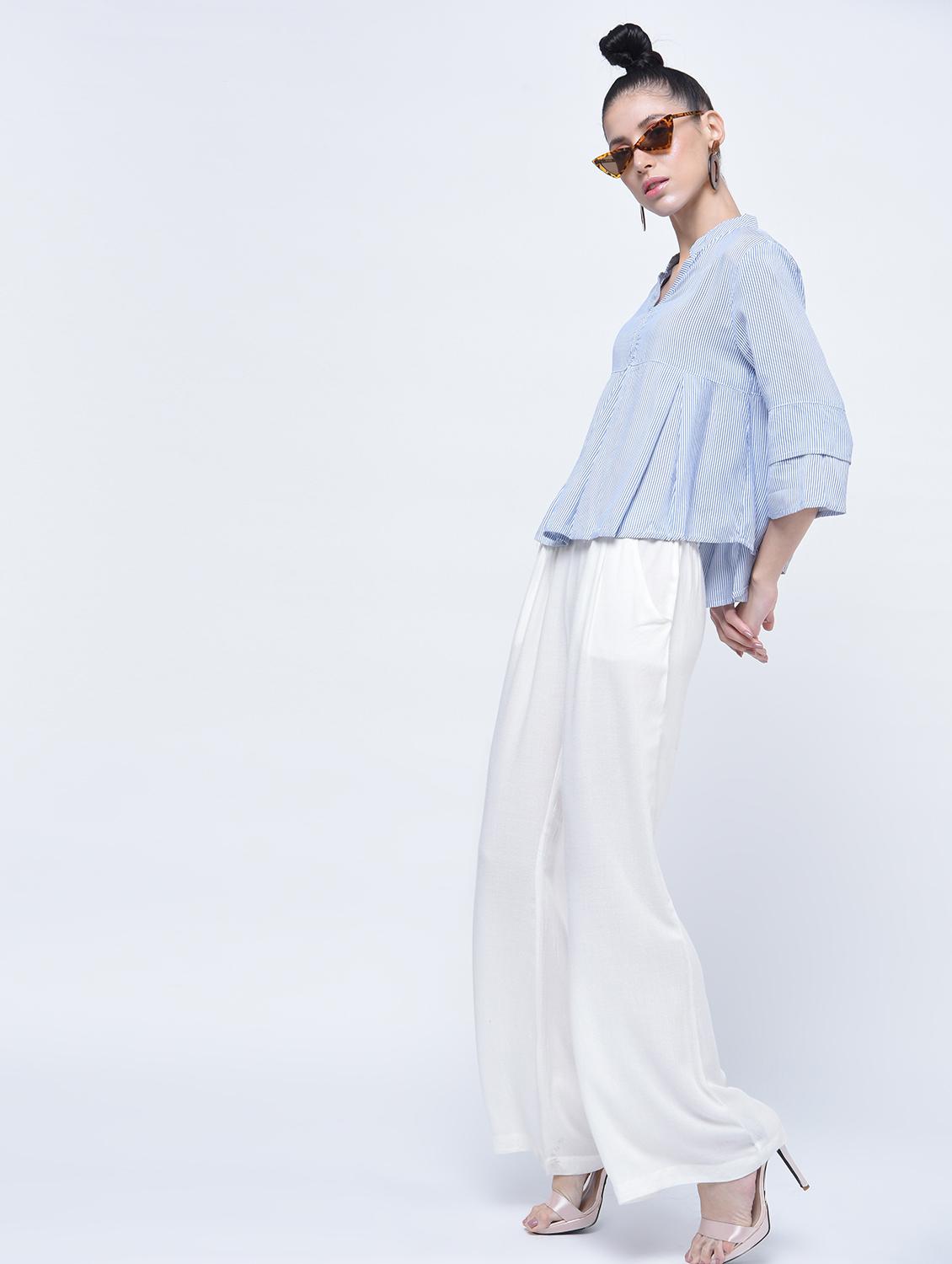 layered sleeve pleated striped top - 15399062 - Zoom Image - 3