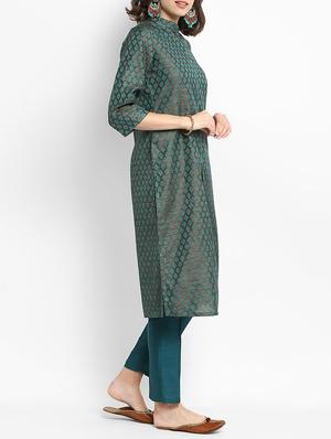 green silk straight kurta - 15406230 - Standard Image - 2