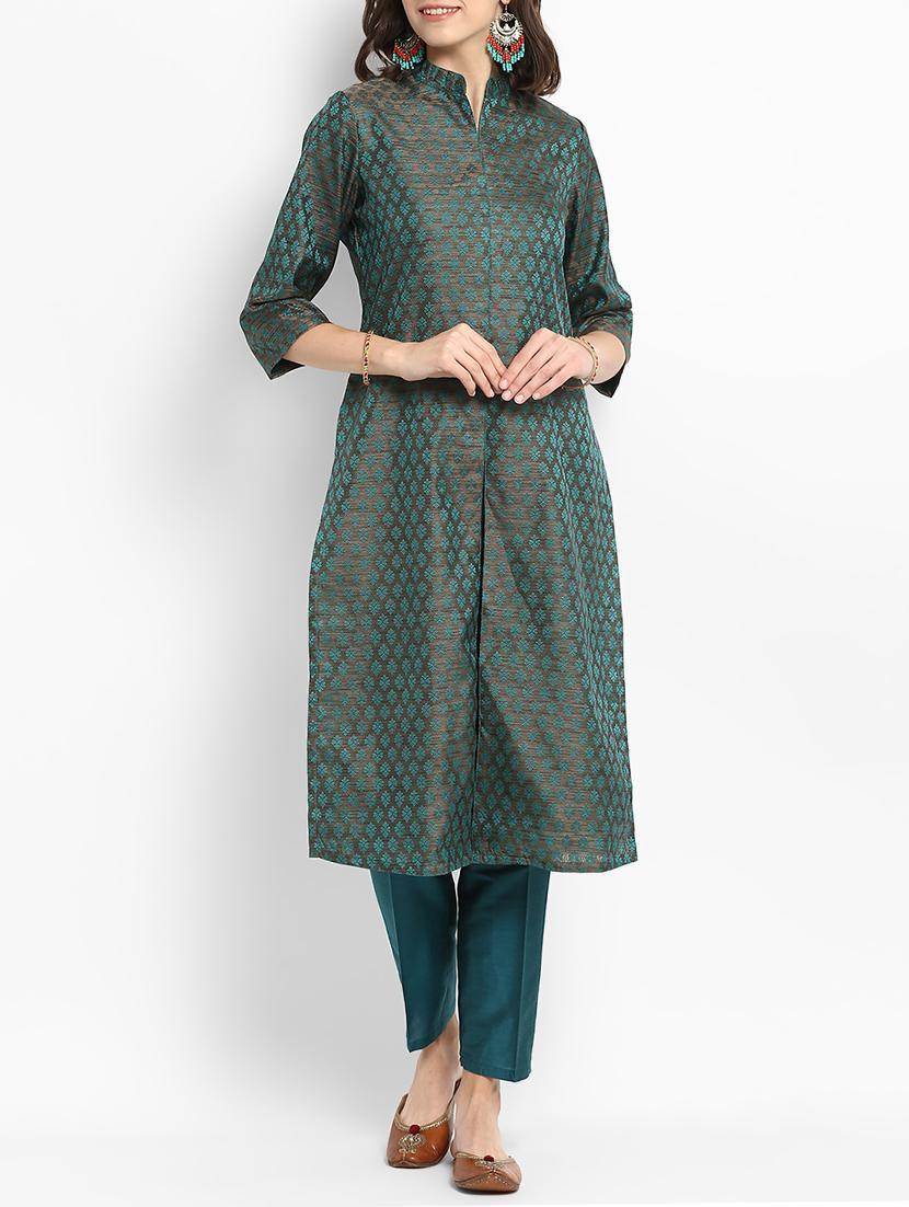 green silk straight kurta - 15406230 - Zoom Image - 1