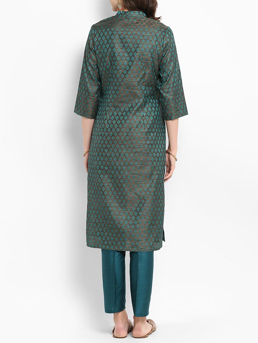 green silk straight kurta - 15406230 - Zoom Image - 3