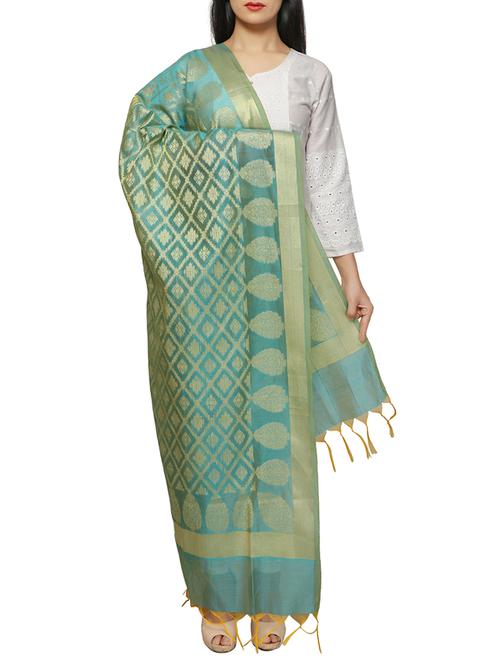 turquoise cotton blend woven dupatta - 15406506 - Standard Image - 1