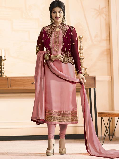 Embroidered semi-stitched churidaar suit - 15410230 - Standard Image - 1