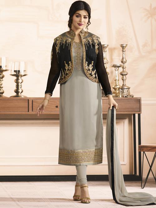 Embroidered semi-stitched churidaar suit - 15410232 - Standard Image - 1