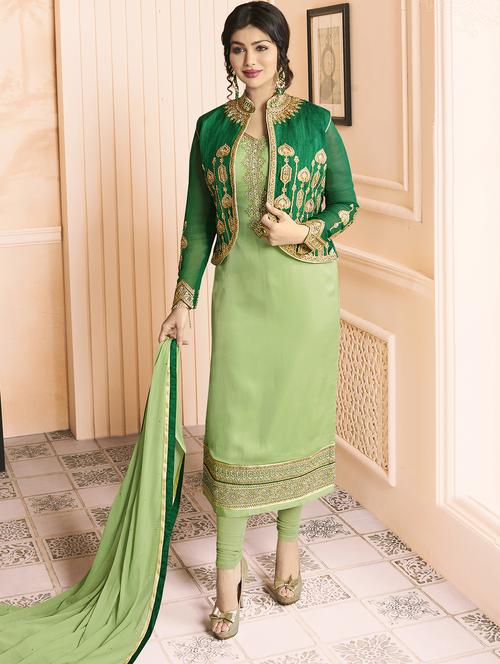Embroidered semi-stitched churidaar suit - 15410233 - Standard Image - 1