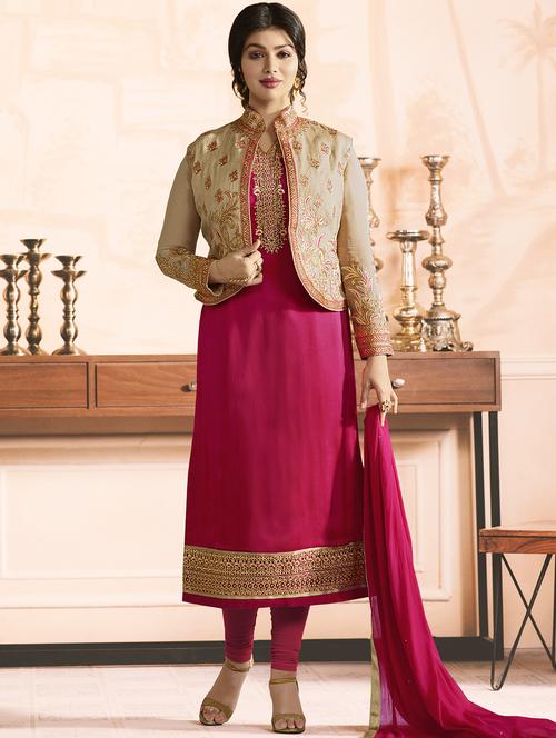 Embroidered semi-stitched churidaar suit - 15410234 - Standard Image - 1