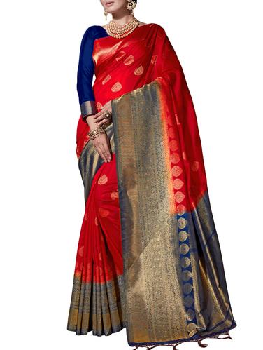 gold border zari banarasi saree with tassels with blouse - 15410280 - Very Small Image - 1
