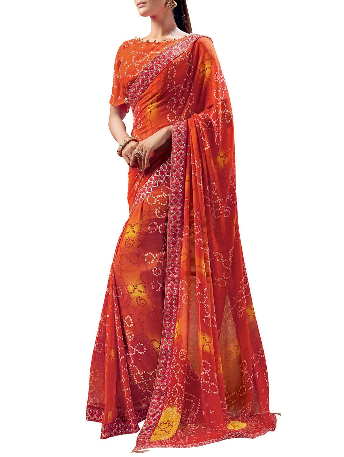 lace border bandhani saree with blouse - 15410390 - Zoom Image - 1