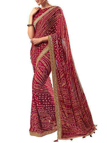 lace border bandhani saree with blouse - 15410394 - Very Small Image - 1