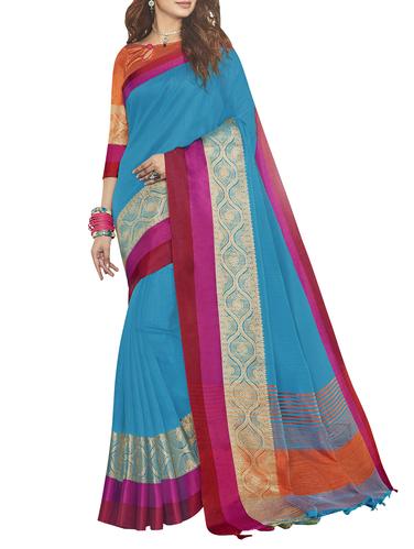 zari border striped pallu saree with tassels with blouse - 15410402 - Very Small Image - 1