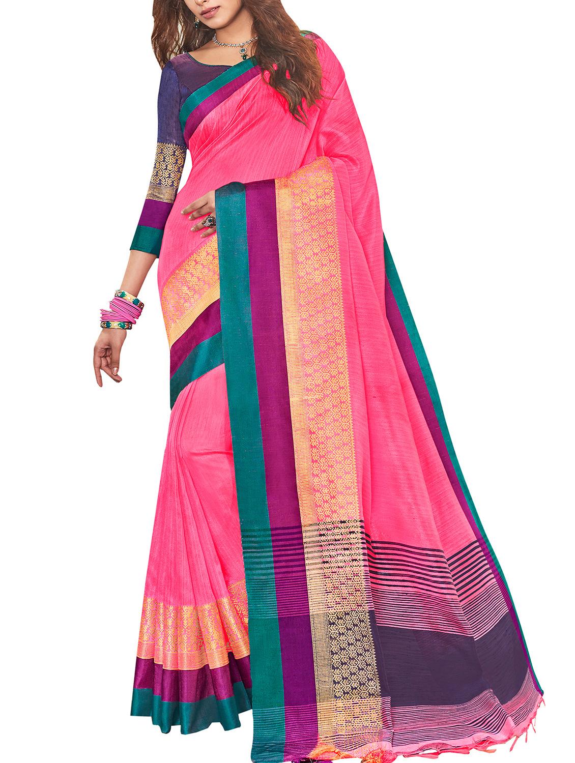 zari border striped pallu saree with tassels with blouse - 15410403 - Zoom Image - 1