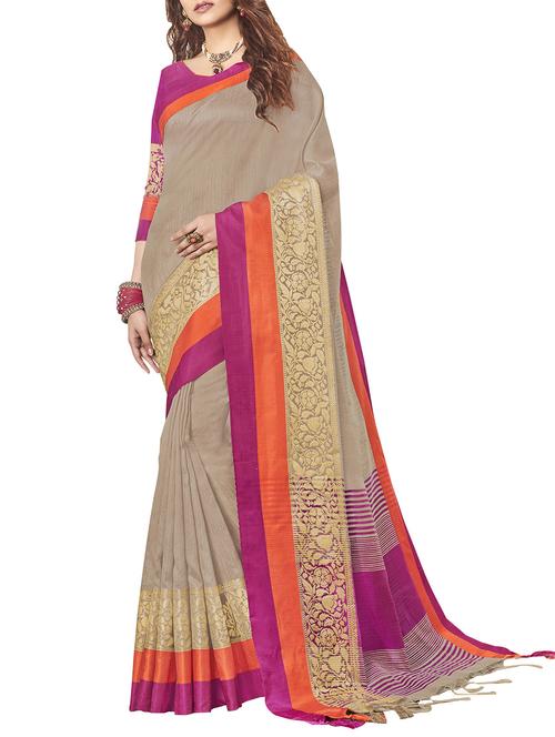 zari border striped pallu saree with tassels with blouse - 15410406 - Standard Image - 1