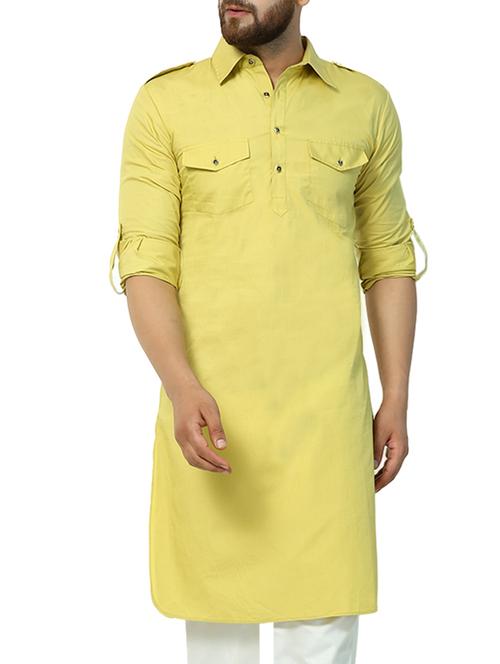 yellow solid pathani kurta - 15410442 - Standard Image - 1