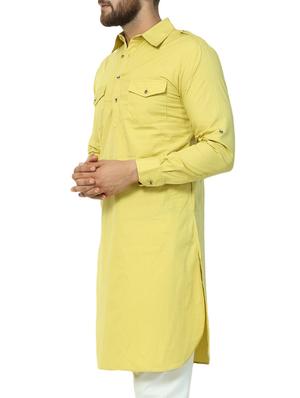 yellow solid pathani kurta - 15410442 - Standard Image - 2