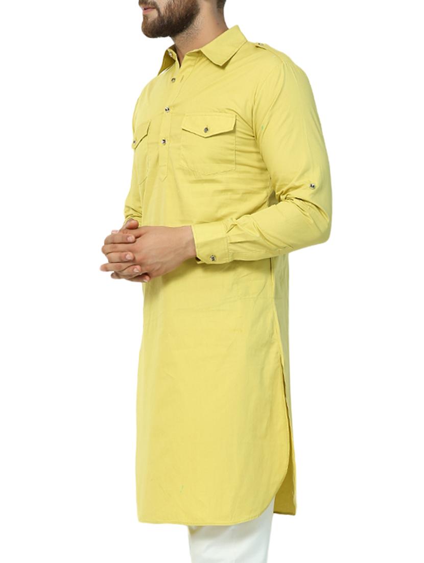 yellow solid pathani kurta - 15410442 - Zoom Image - 2