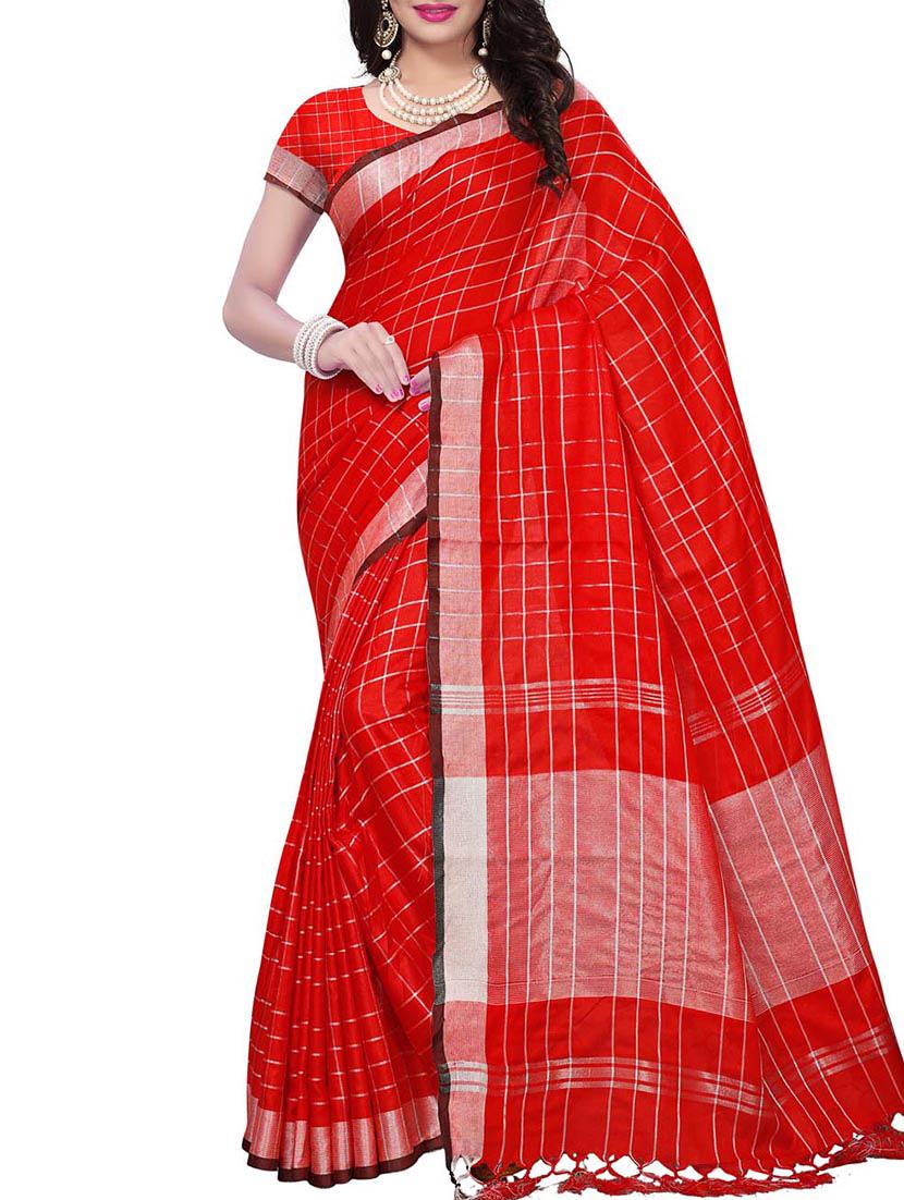 Linen Checkered woven saree with blouse - 15410858 - Zoom Image - 1