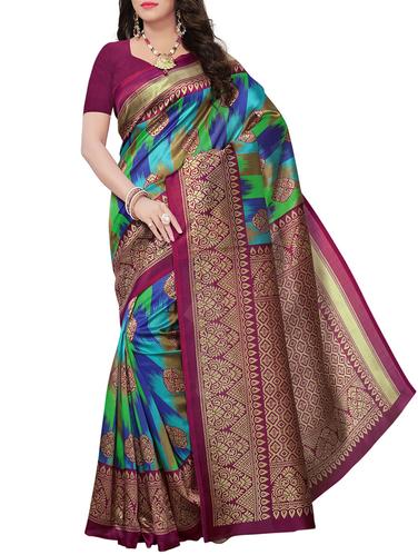 Contrast bordered printed saree with blouse - 15410885 - Very Small Image - 1