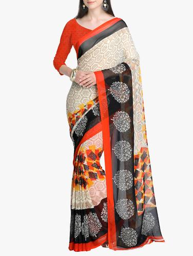 geometrical printed contrast border saree with blouse - 15411022 - Very Small Image - 1