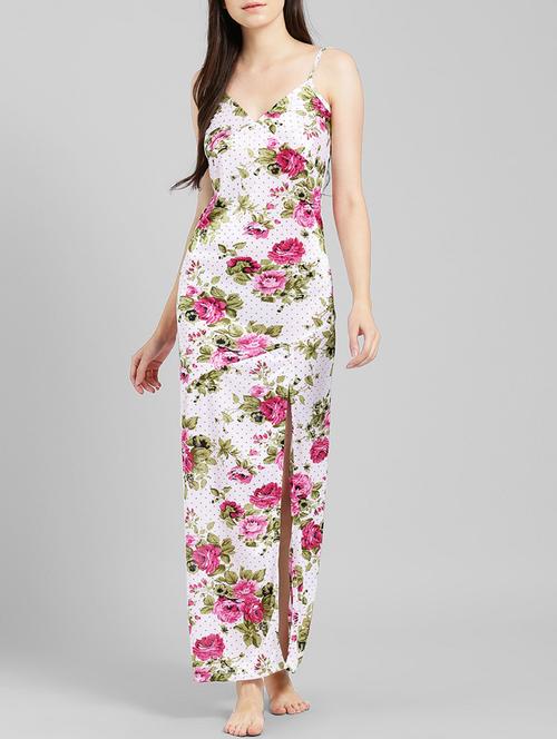 Sweetheart floral neck side slit nighty - 15411060 - Standard Image - 1