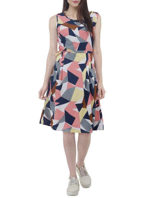 Geometric fit and flare belted dress - 15411128 - Standard Image - 1