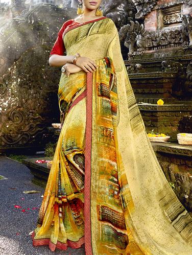 Contrast bordered printed saree with blouse - 15411744 - Very Small Image - 1