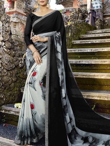 Floral printed saree with blouse - 15411745 - Very Small Image - 1