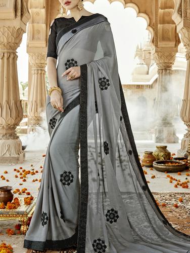 Contrast bordered embroidered saree with blouse - 15411752 - Very Small Image - 1
