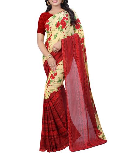 floral printed contrast border saree with blouse - 15411999 - Very Small Image - 1