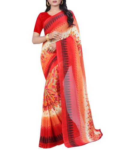 geometrical printed contrast border saree with blouse - 15412001 - Very Small Image - 1