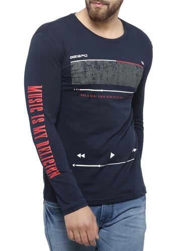 navy blue cotton front print t-shirt - 15412160 - Very Small Image - 1