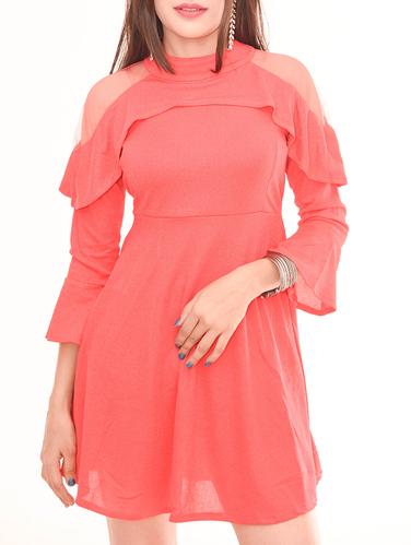 mesh panel ruffled belted dress - 15412220 - Very Small Image - 1