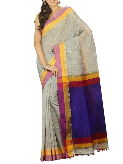 contrast border tant saree with tassels with blouse - 15412255 - Very Small Image - 1