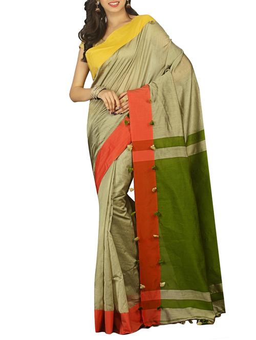 contrast border tant saree with tassels with blouse - 15412256 - Very Small Image - 1