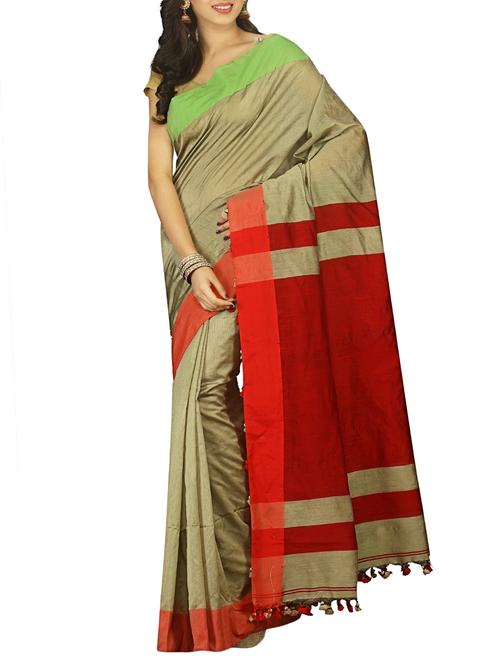 contrast border tant saree with tassels with blouse - 15412257 - Very Small Image - 1