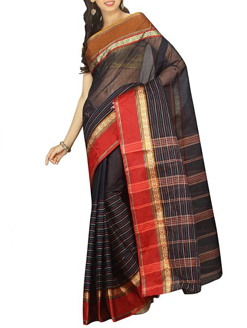 contrast border striped tant saree with blouse - 15412331 - Standard Image - 1