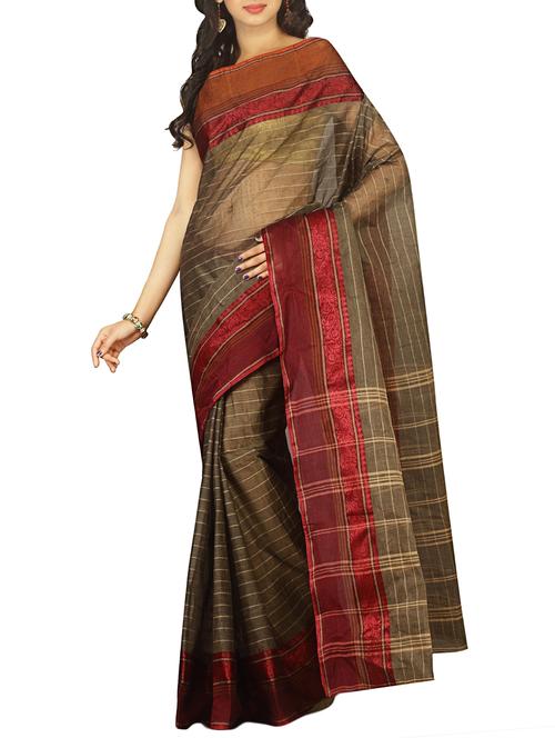 contrast border striped tant saree with blouse - 15412342 - Very Small Image - 1