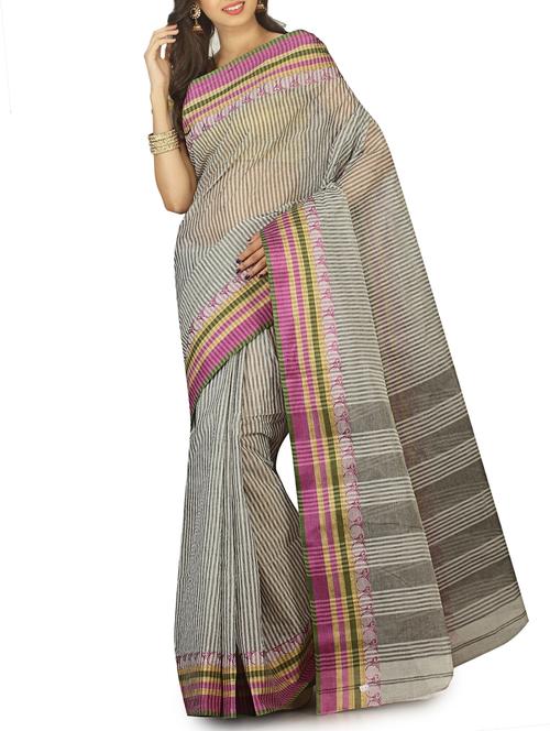 jacquard border striped tant saree with blouse - 15412361 - Standard Image - 1