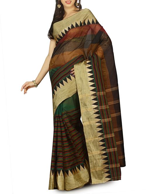 temple border striped tant saree with blouse - 15412362 - Very Small Image - 1