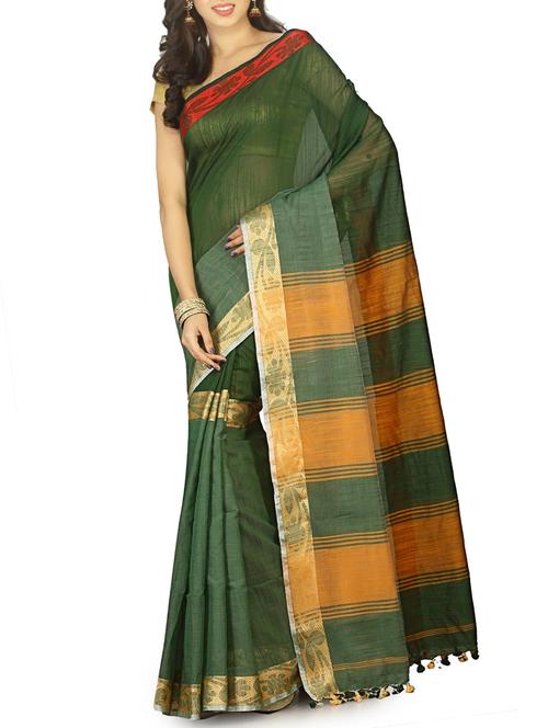 contast striped pallu tant saree with tassels with blouse - 15412376 - Very Small Image - 1