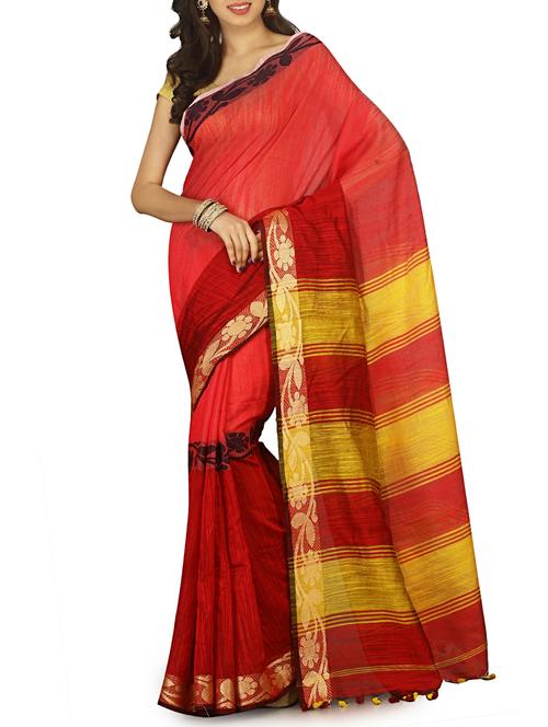 contrast striped border tant saree with tassels with blouse - 15412378 - Very Small Image - 1