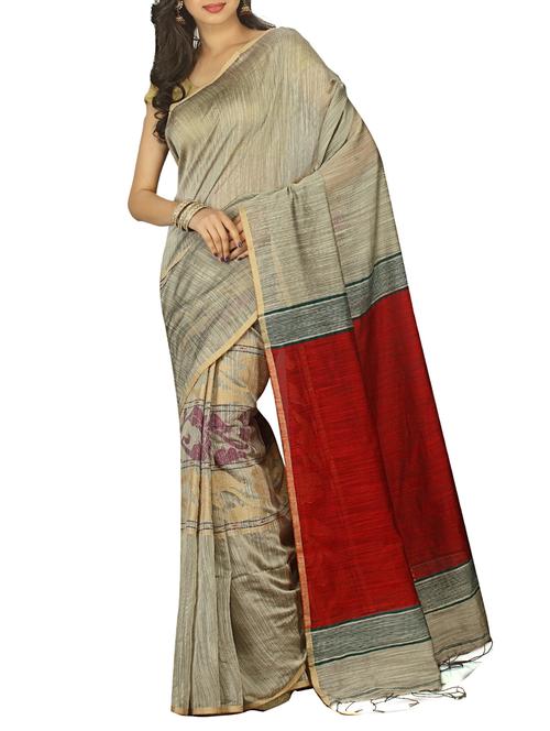 contrast floral pallu tant saree with tassels with blouse - 15412392 - Standard Image - 1